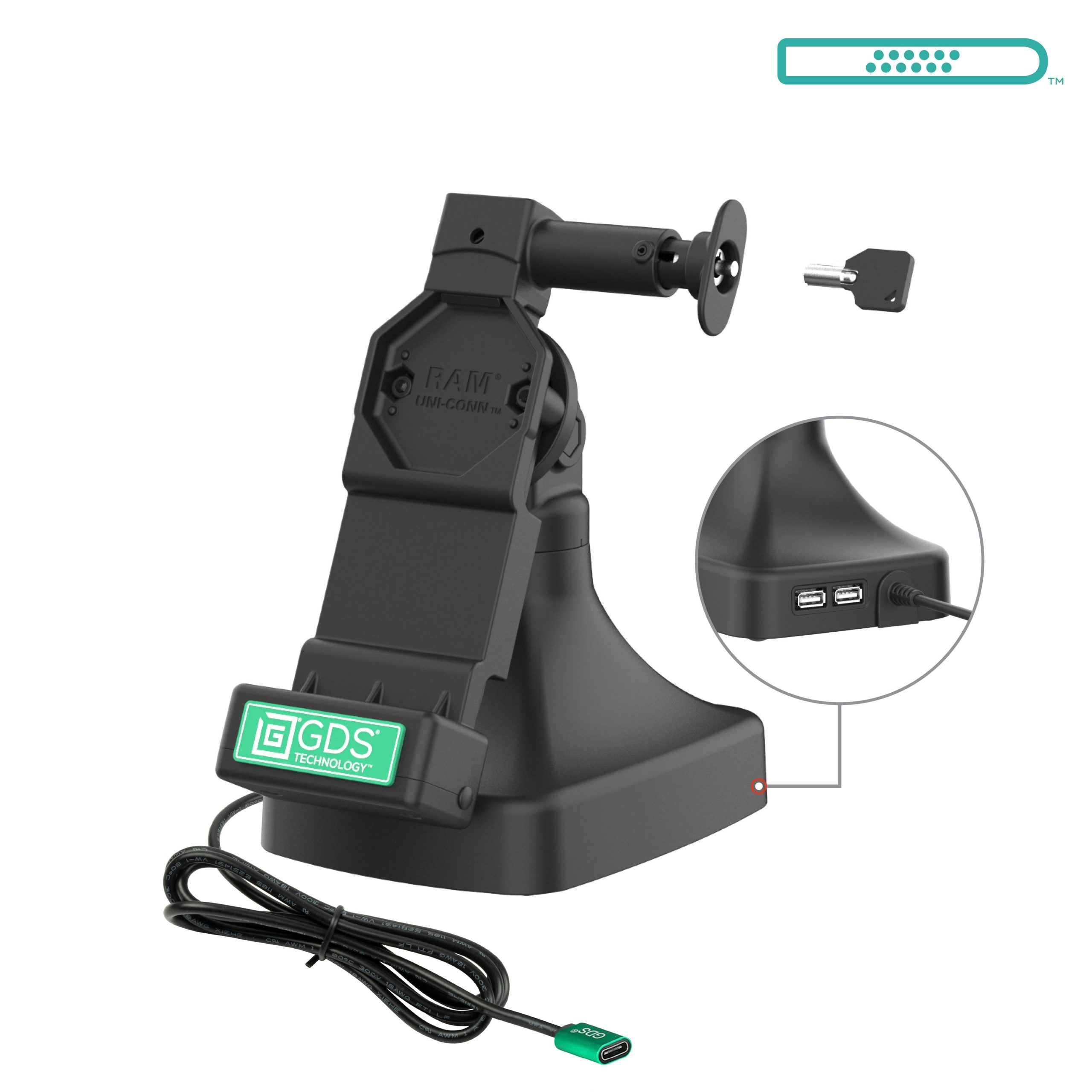 具有USB-C +数据的GDS® Uni-Conn™锁定按钮和旋转底座