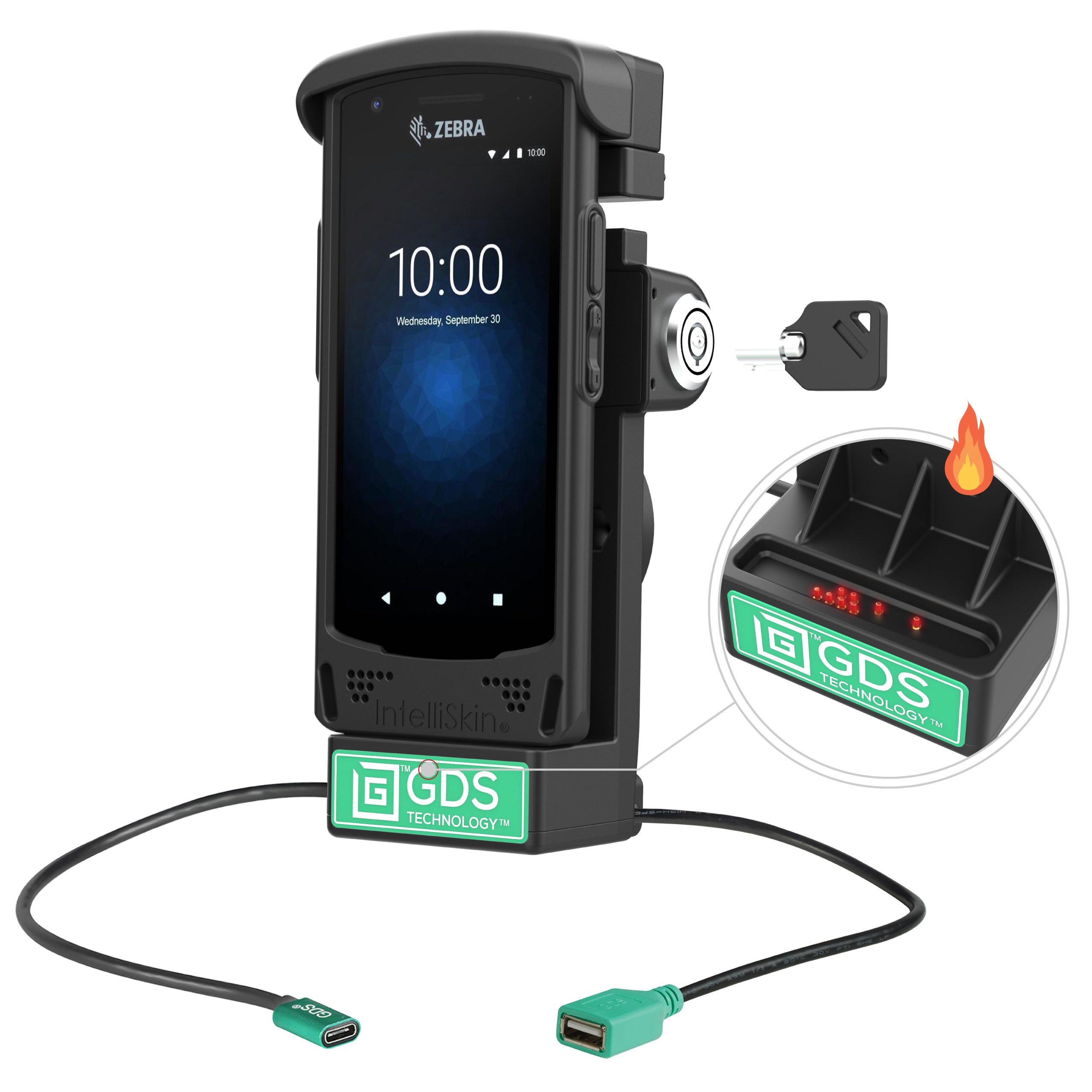 GDS®锁定电动Dock + USB-A，适用于Zebra EC 50/55 -加热针